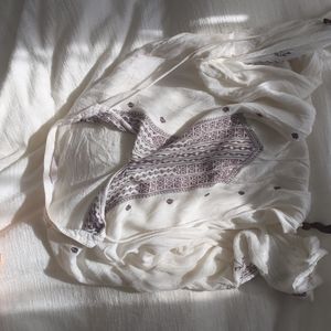 Top/swimsuit coverup, cream with soft brown embroidery, medium